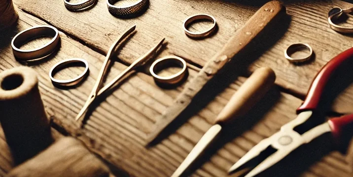 DALL·E 2024-10-13 17.20.11 - A couple making rings by hand together in a warm, intimate setting. They are sitting at a wooden table with small tools and materials spread out, care | 工房Smith札幌