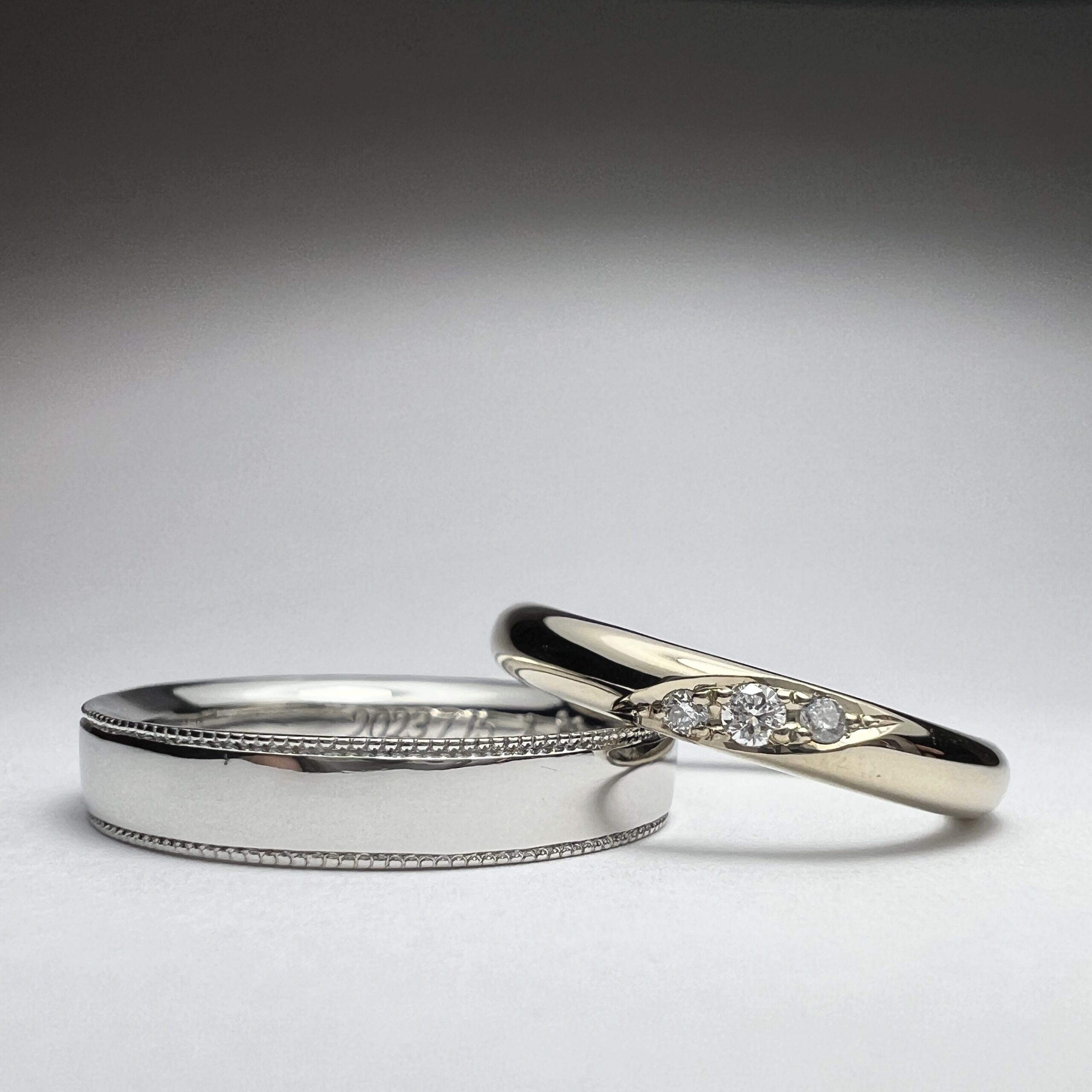 結婚指輪（彫金工法）ダイヤモンド彫り留めミル打ちレーザー刻印鏡面