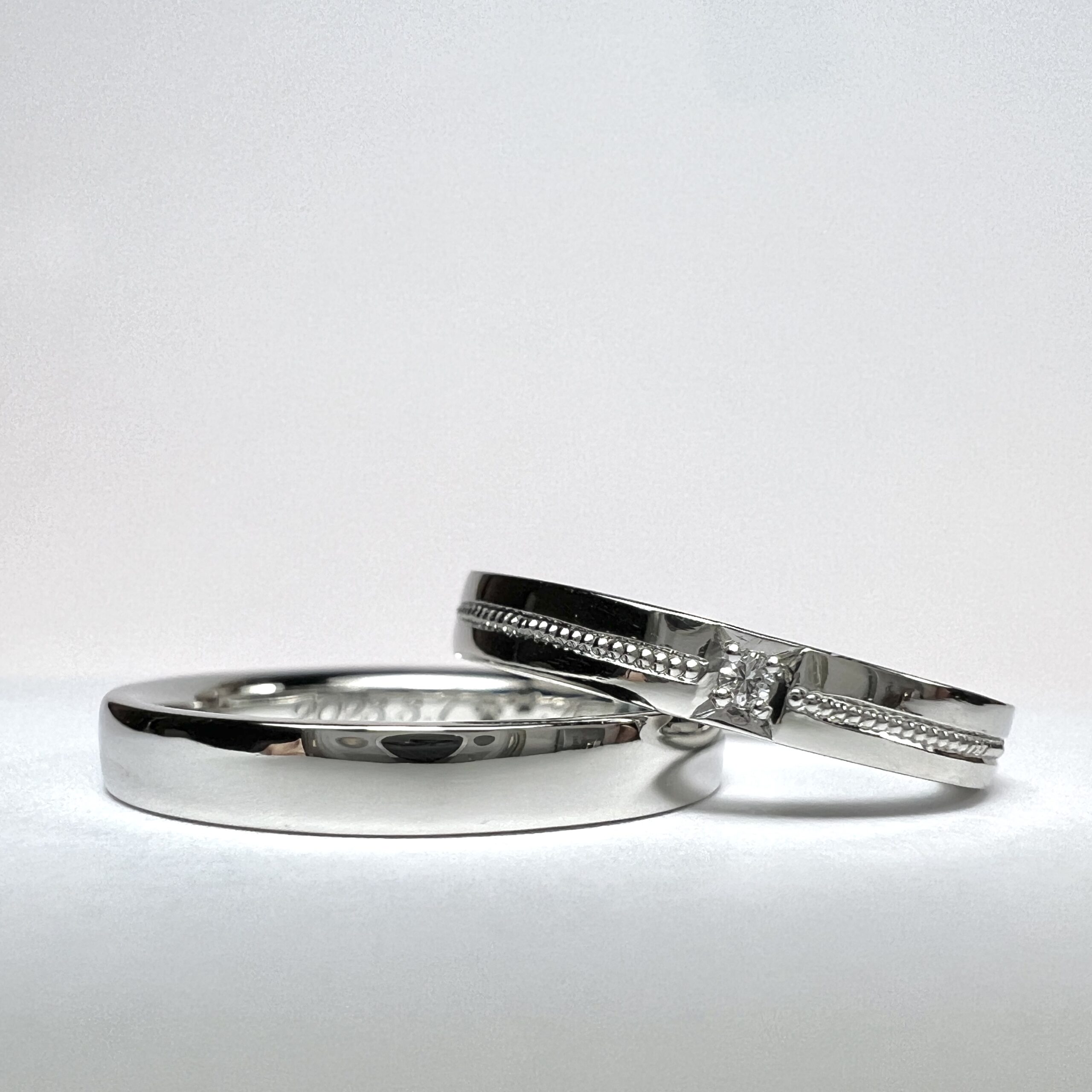 結婚指輪（彫金工法）ダイヤモンド彫り留めミル打ちレーザー刻印鏡面