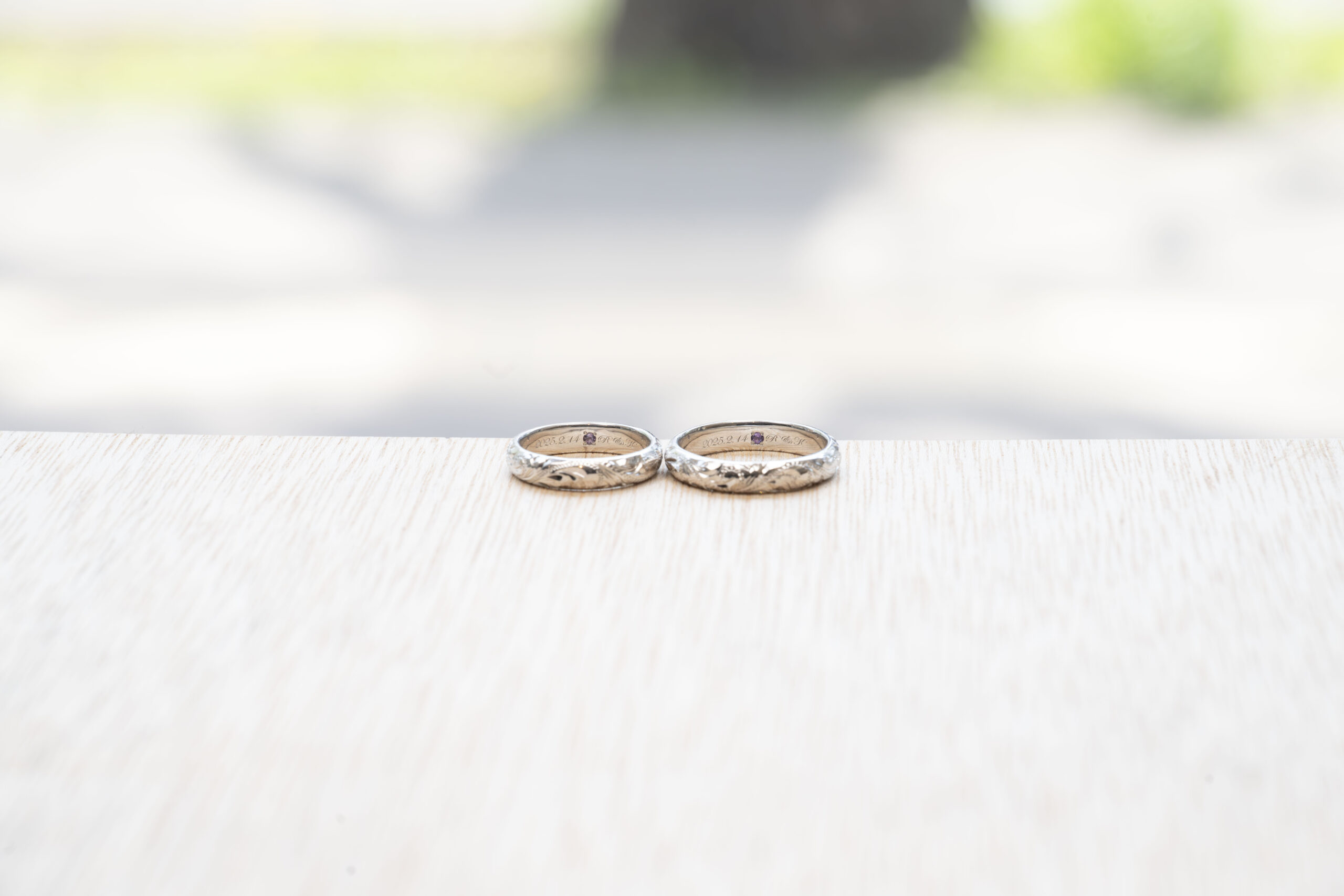 ペアリング（彫金工法）アメジストななこ留めハワイアンレーザー刻印鏡面